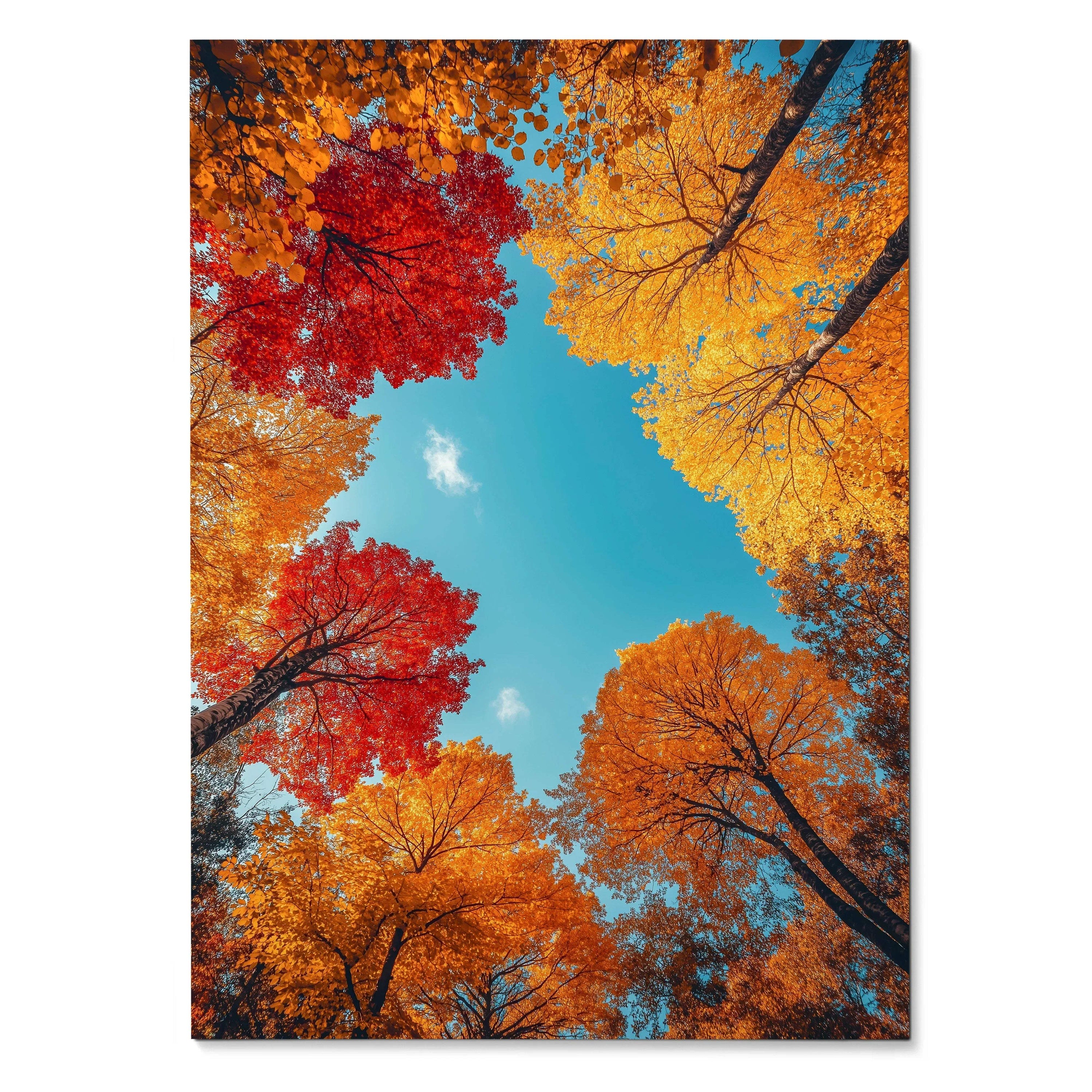 Vertical poster wall art of colorful autumn forest trees with red, orange, and yellow leaves against a bright blue sky.