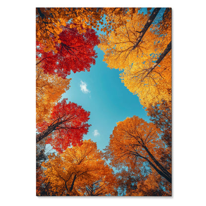 Vertical poster wall art of colorful autumn forest trees with red, orange, and yellow leaves against a bright blue sky.