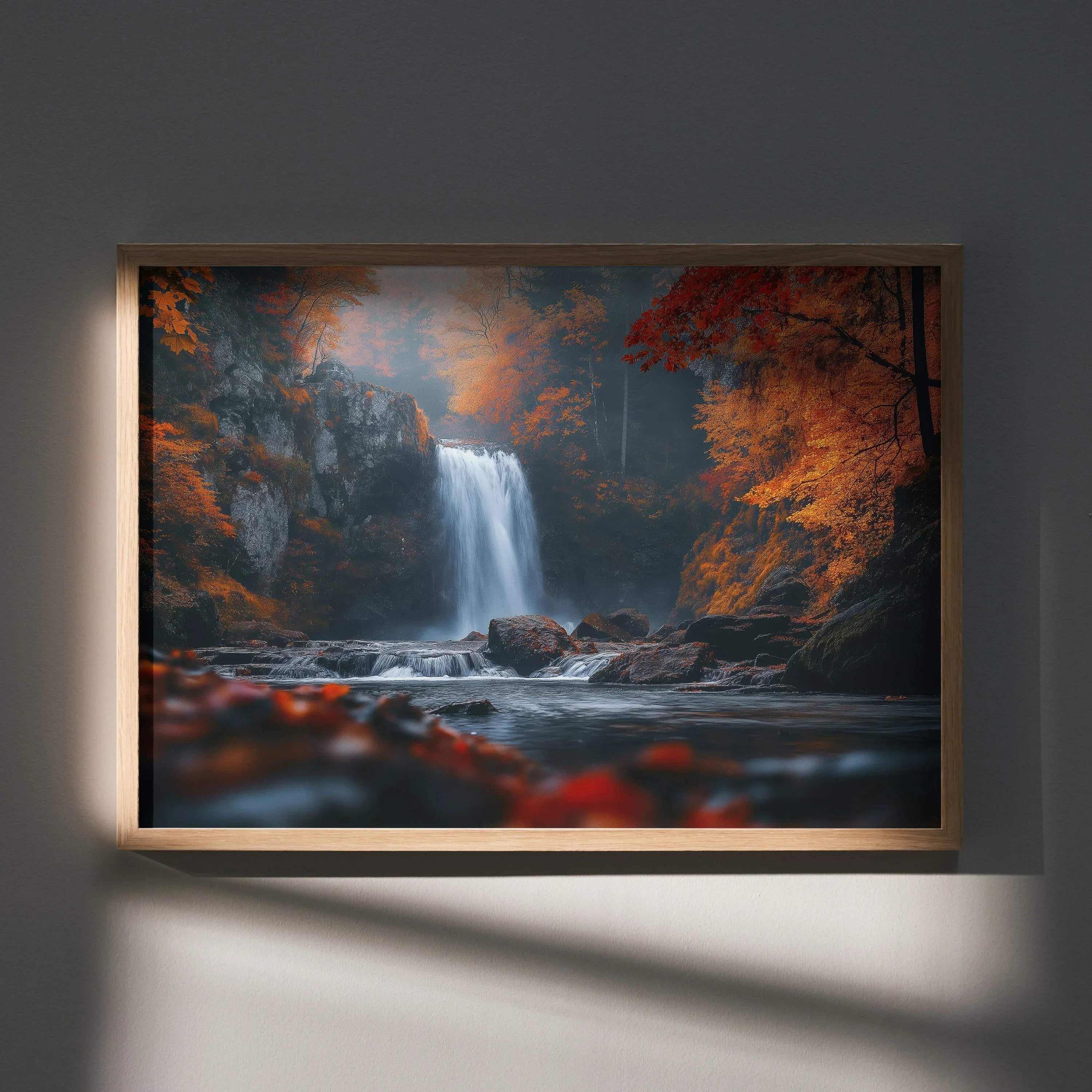 Autumn forest waterfall digital art poster with vibrant orange foliage wall art.