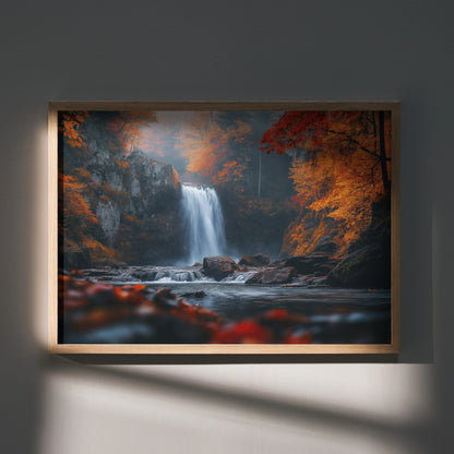 Autumn forest waterfall digital art poster with vibrant orange foliage wall art.