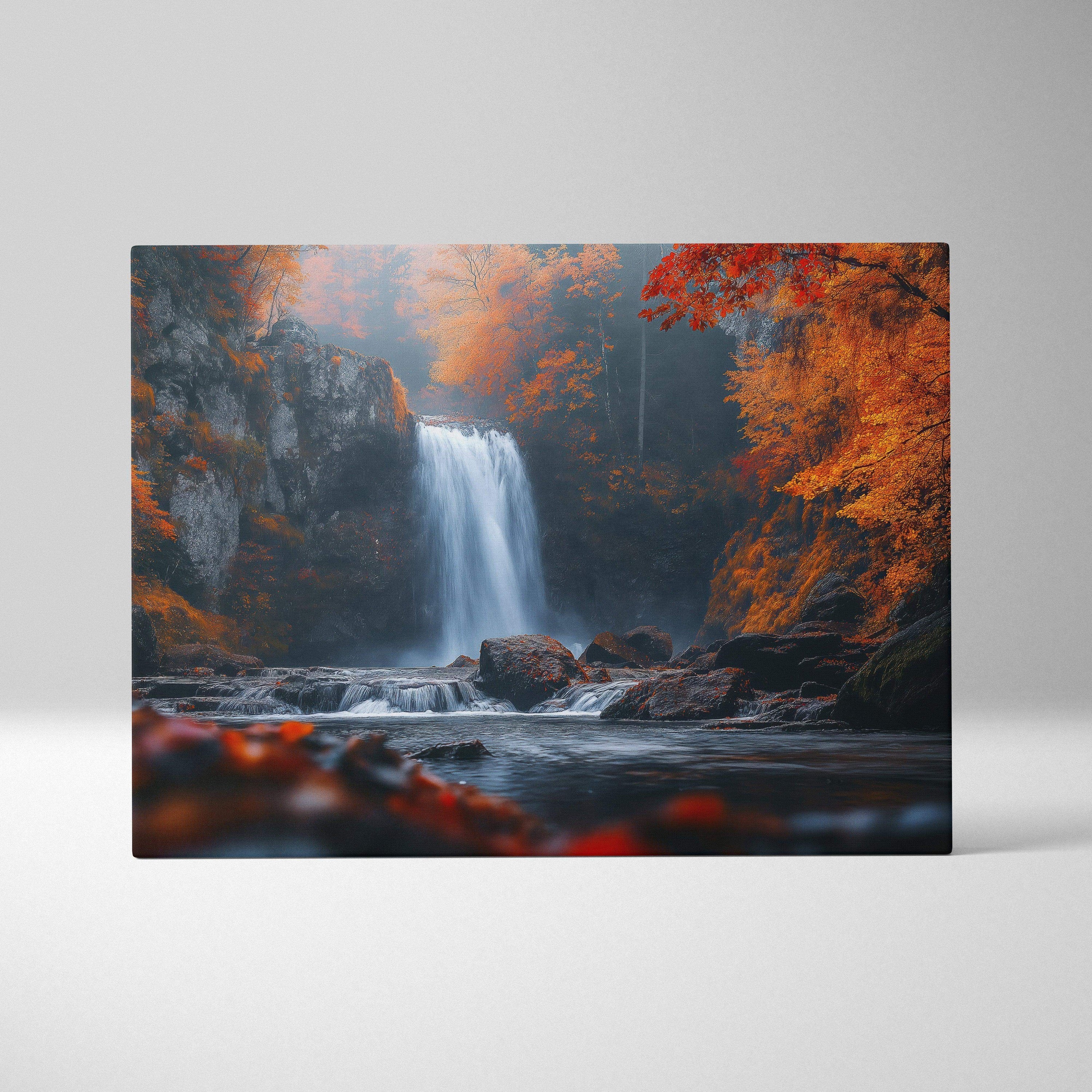 Canvas wall art featuring a vibrant autumn forest with orange foliage and a flowing waterfall.