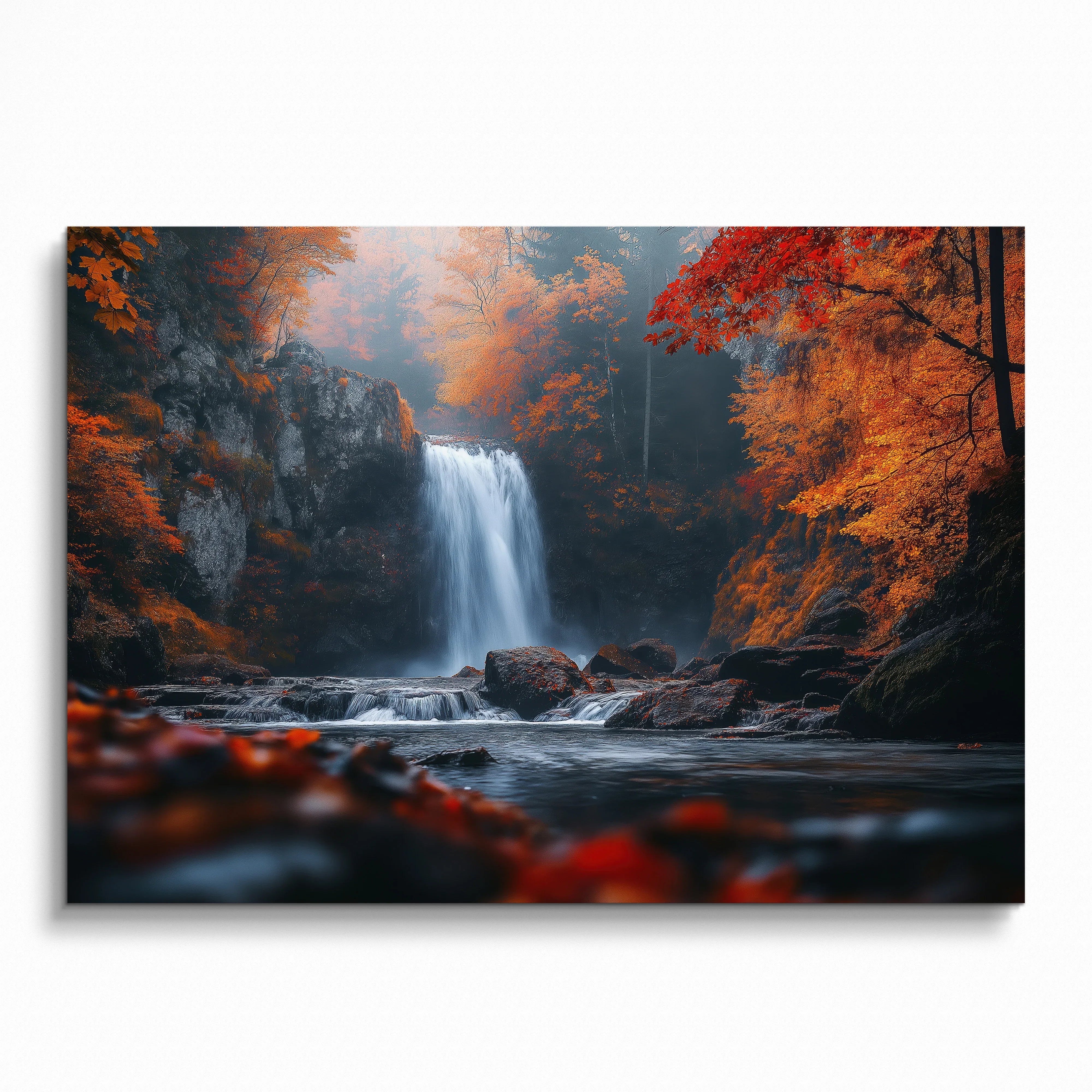 Vibrant autumn forest digital art poster featuring a waterfall surrounded by orange and red foliage wall art.