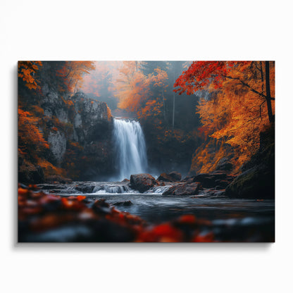 Vibrant autumn forest digital art poster featuring a waterfall surrounded by orange and red foliage wall art.