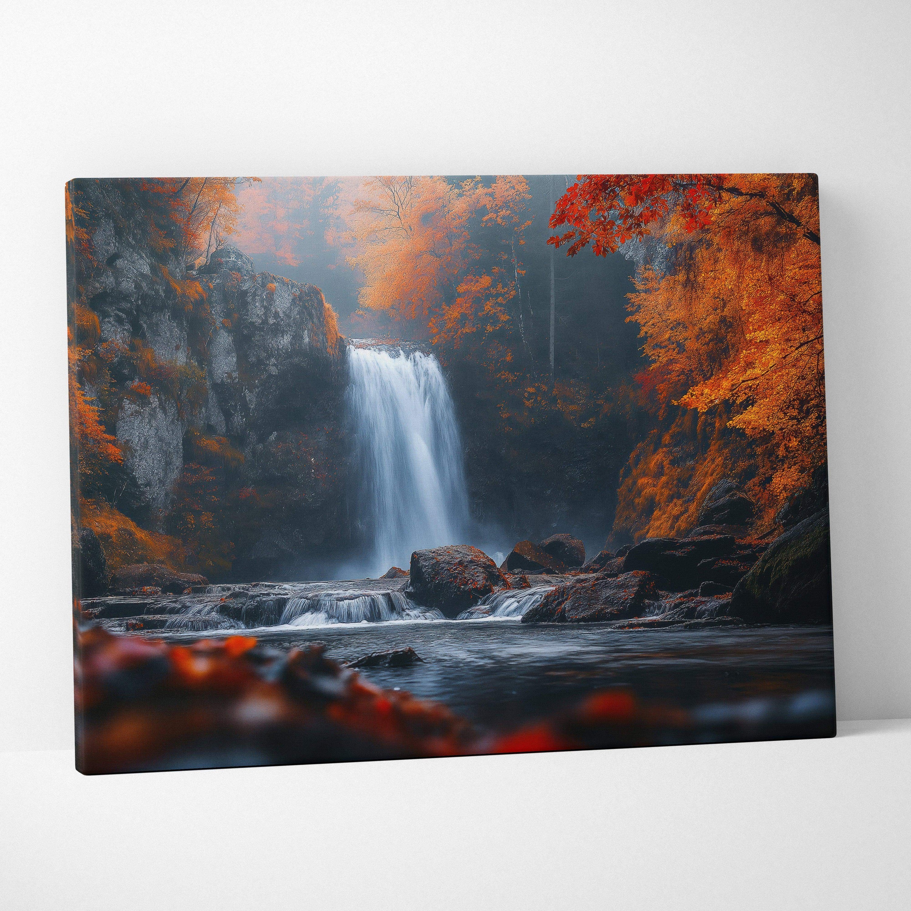 Canvas wall art featuring a vibrant autumn forest with colorful foliage and a cascading waterfall.