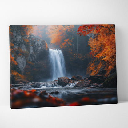 Canvas wall art featuring a vibrant autumn forest with colorful foliage and a cascading waterfall.