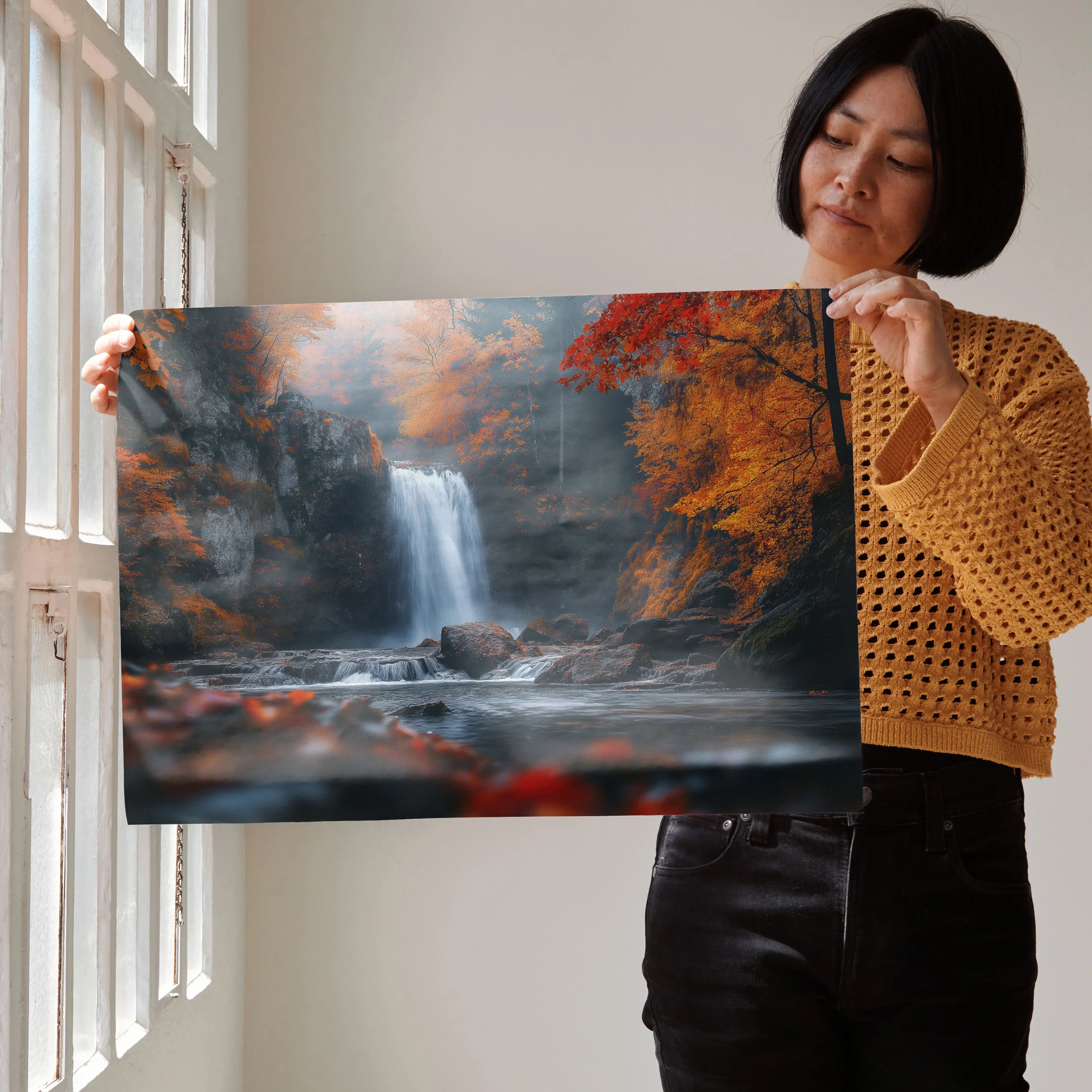 Vibrant autumn forest digital art poster featuring colorful fall foliage and a cascading waterfall, perfect wall art.