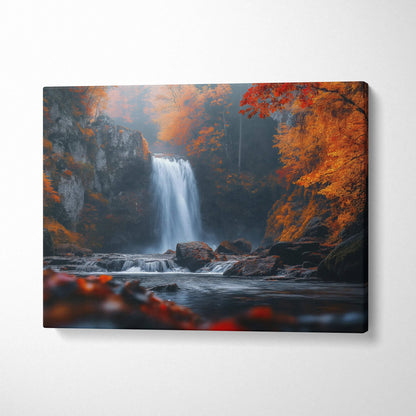 Autumn forest waterfall scene with orange foliage on canvas wall art.