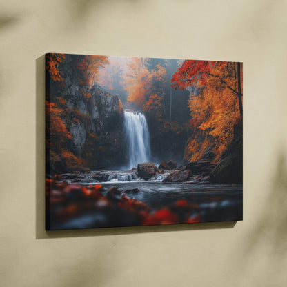 Canvas wall art featuring a vibrant autumn forest with a waterfall and colorful fall foliage.