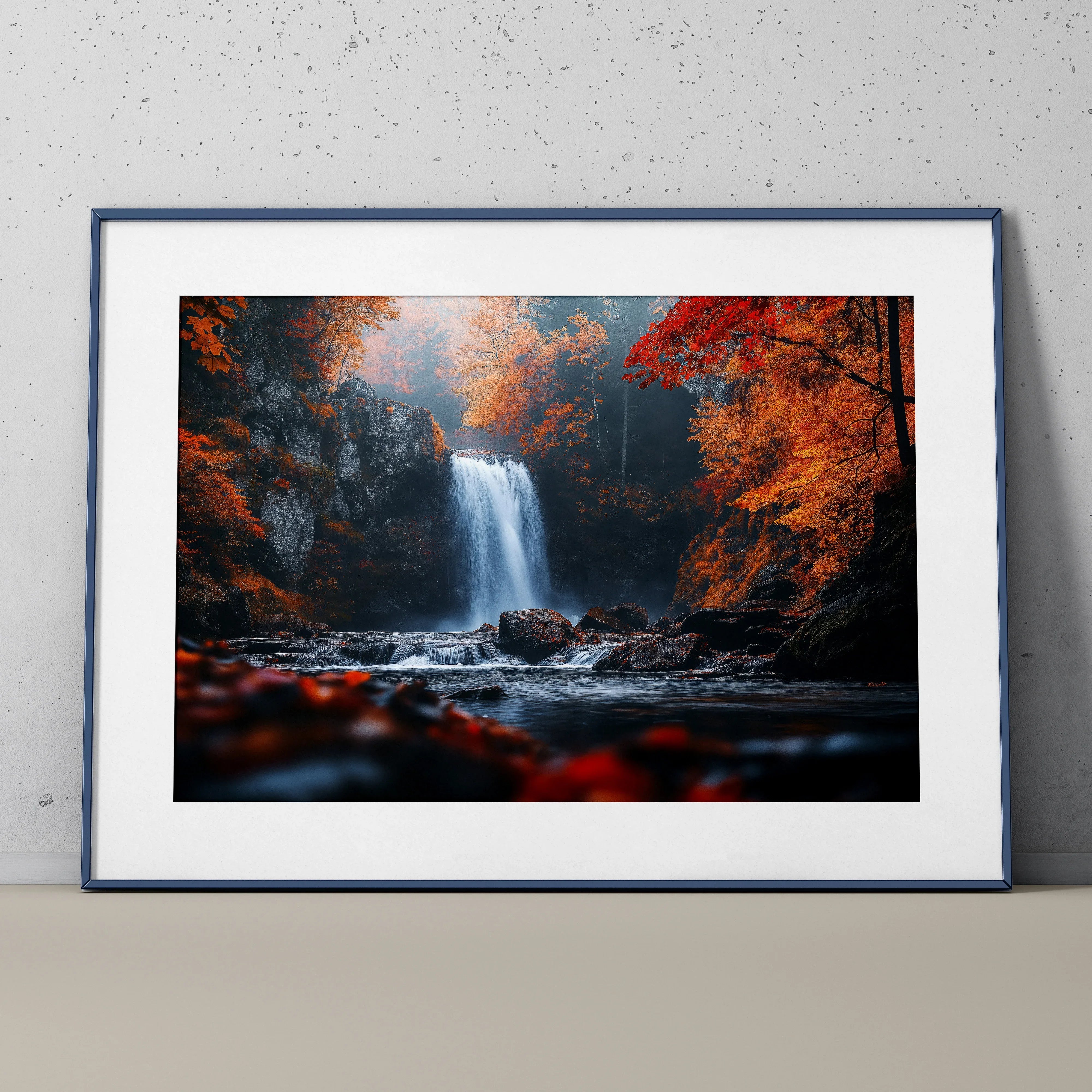 Vibrant autumn forest digital art poster with waterfall and colorful orange foliage wall art.