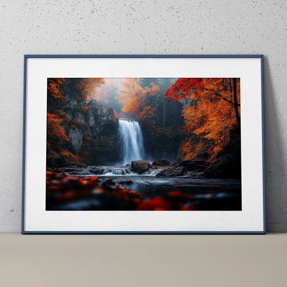 Vibrant autumn forest digital art poster with waterfall and colorful orange foliage wall art.