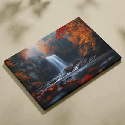Canvas wall art featuring a vibrant autumn forest with orange and red foliage above a flowing waterfall.