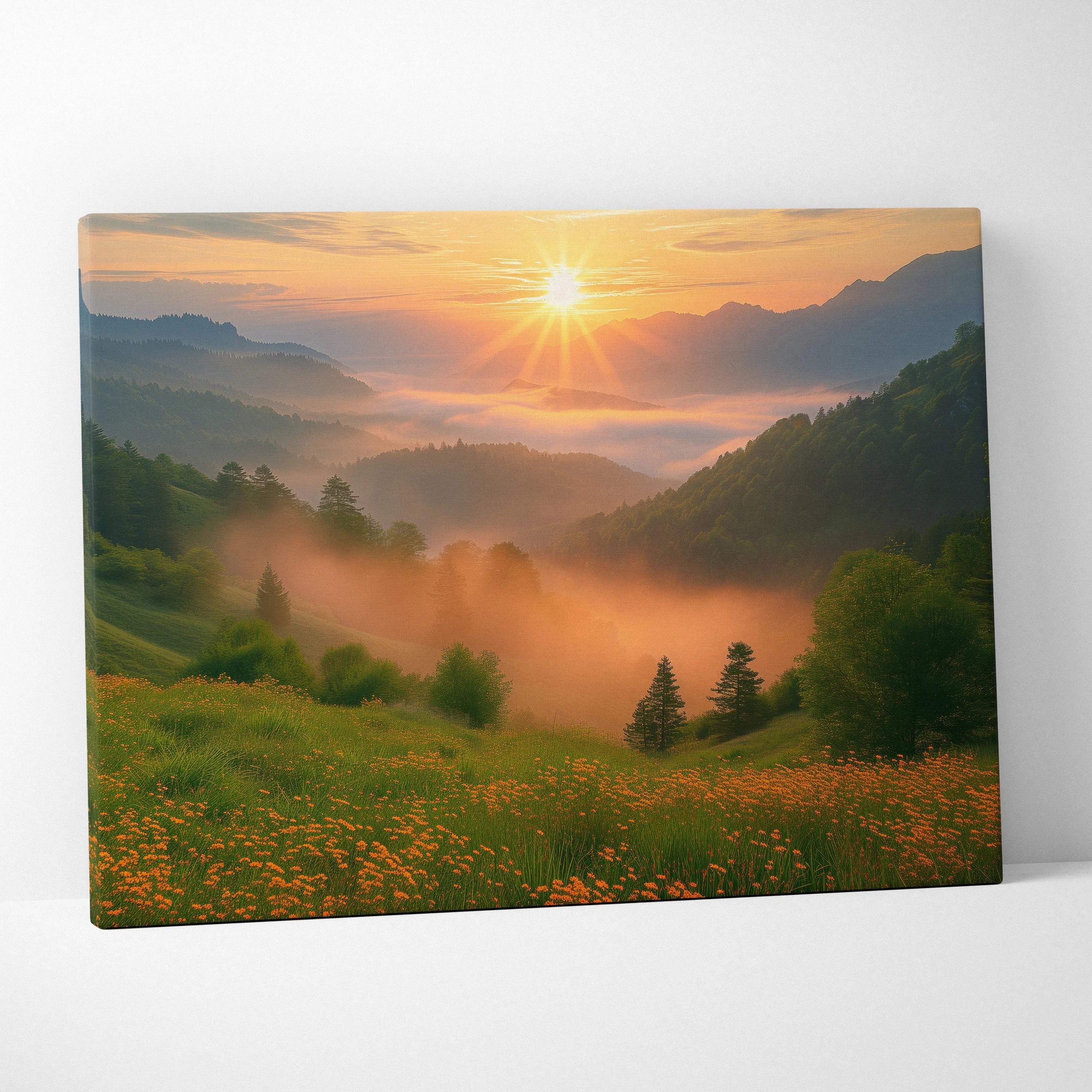 Lush alpine valley sunrise canvas with mist, green hills, wildflowers