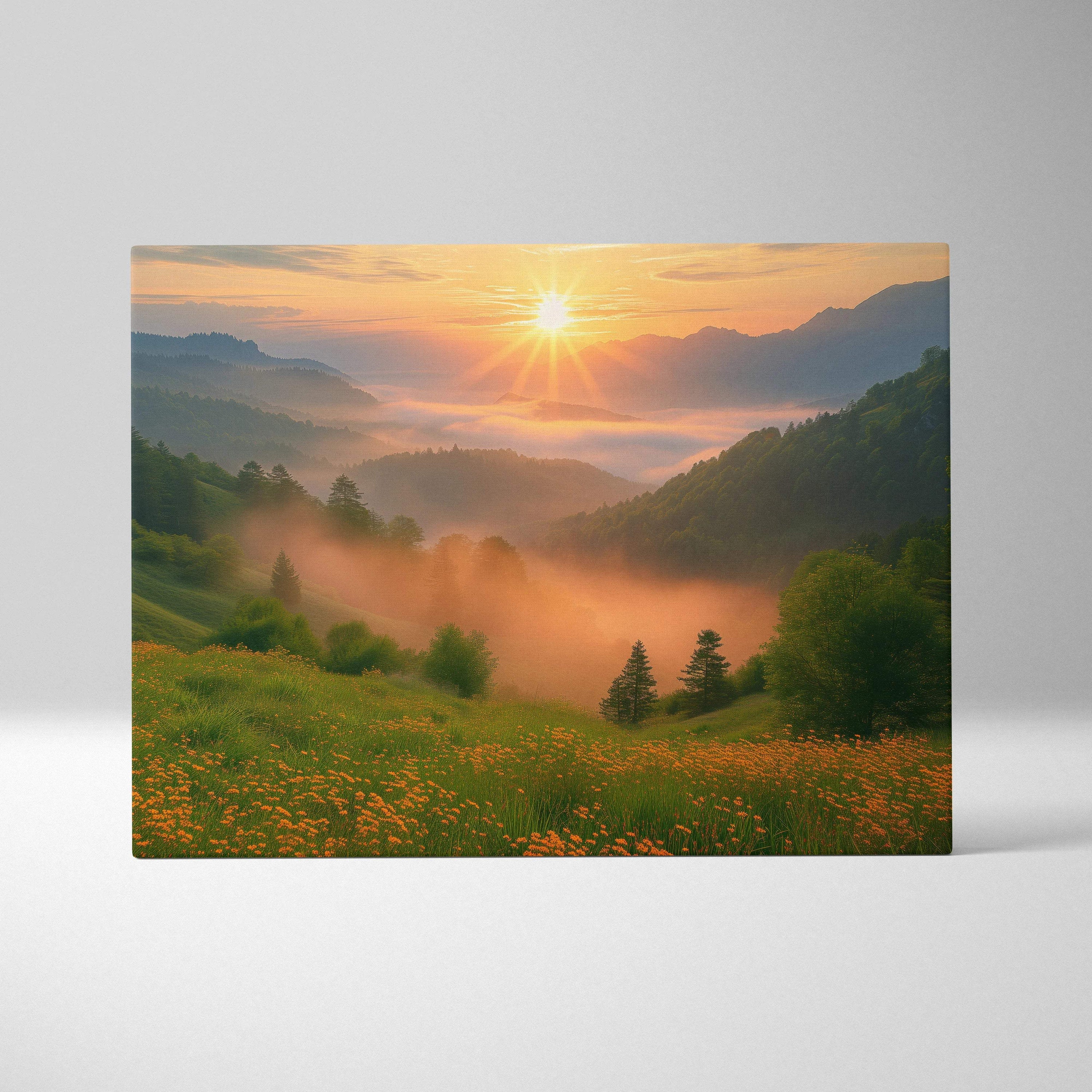 Rectangular canvas wall art of lush alpine valley sunrise with mist over green hills and orange wildflowers