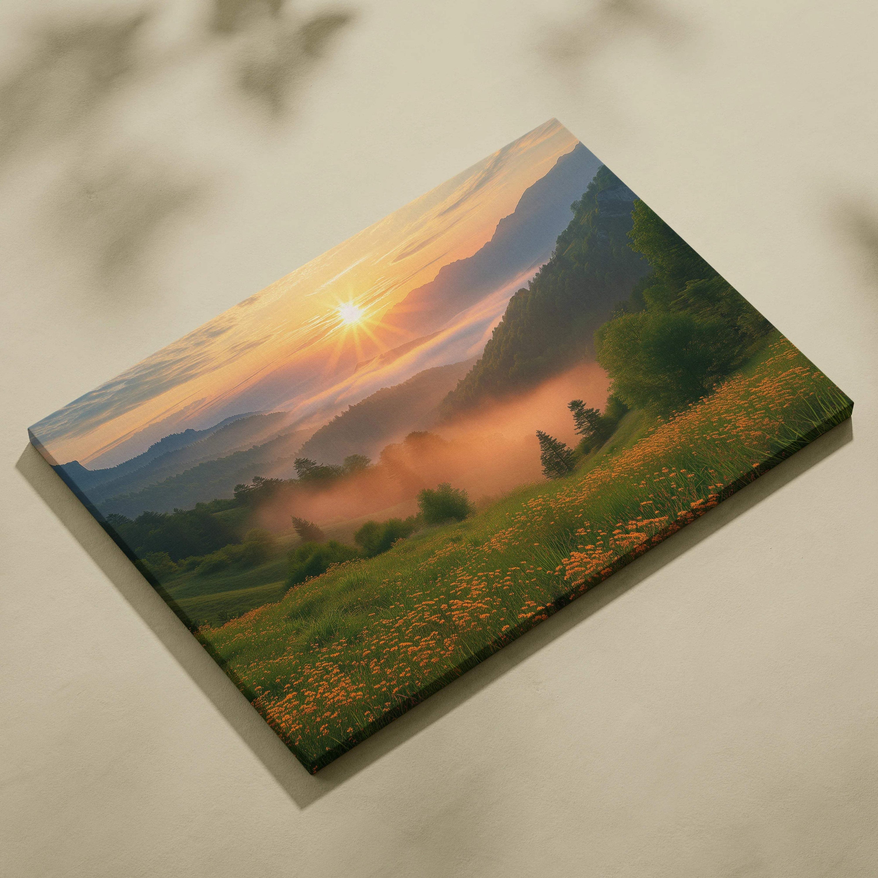 Lush alpine valley sunrise canvas print with mist, hills, wildflowers