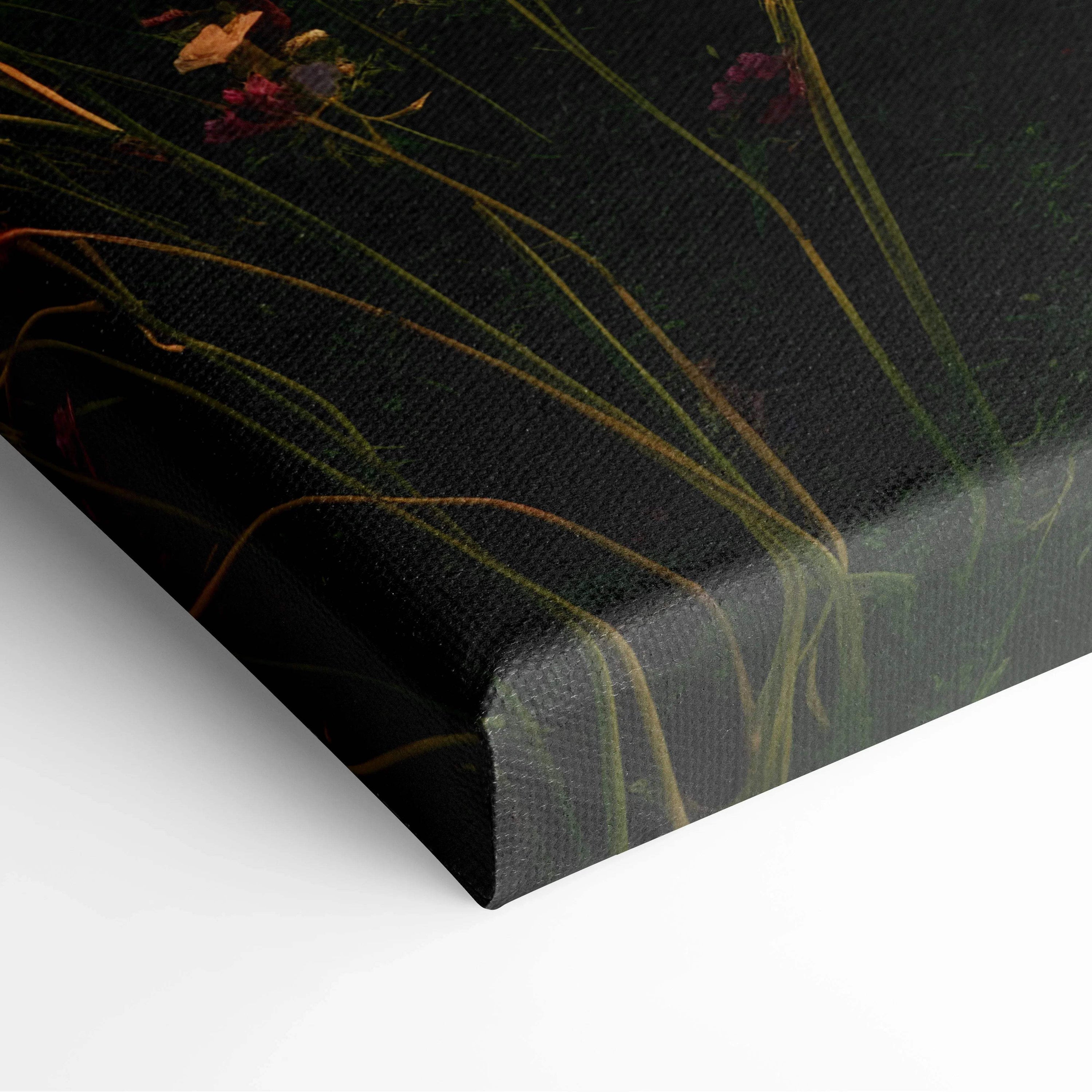 Black canvas print with green stems, purple flowers, mountain trail, pink wildflowers sunset