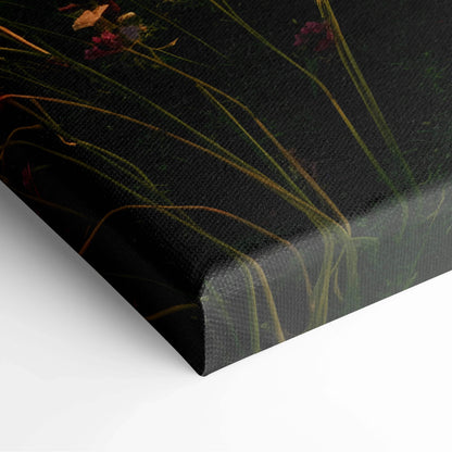 Black canvas print with green stems, purple flowers, mountain trail, pink wildflowers sunset