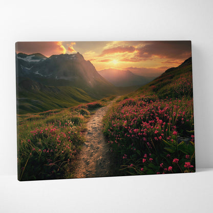 Mountain trail through pink wildflowers at sunset canvas wall art