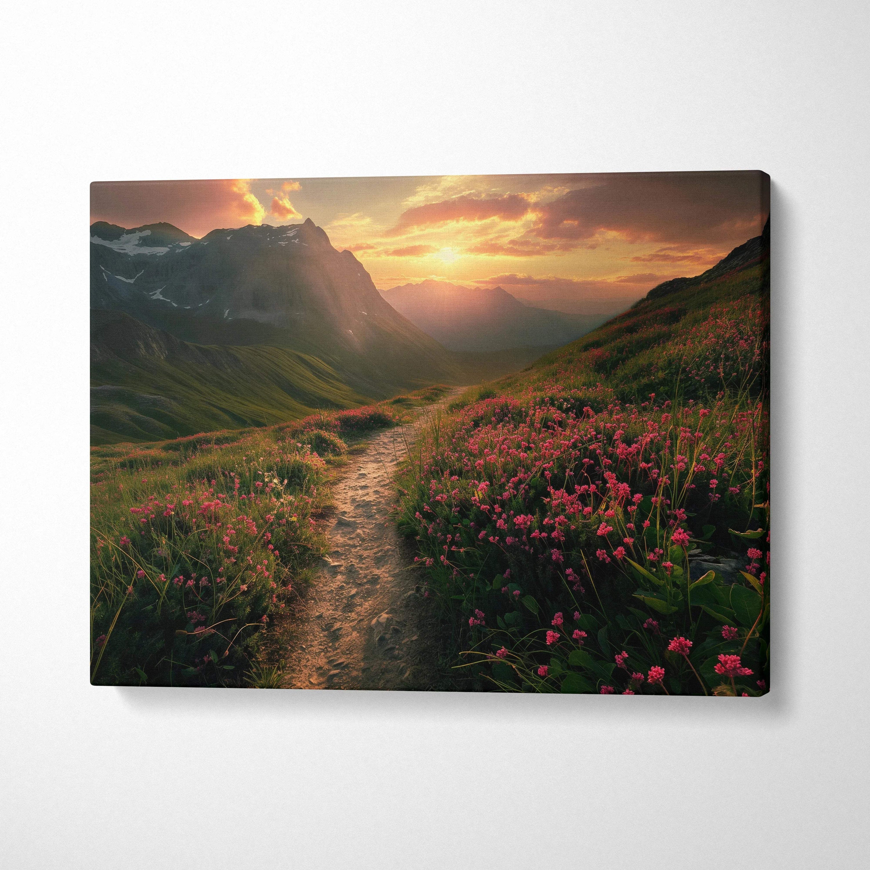 Mountain trail through pink wildflowers at sunset canvas wall art