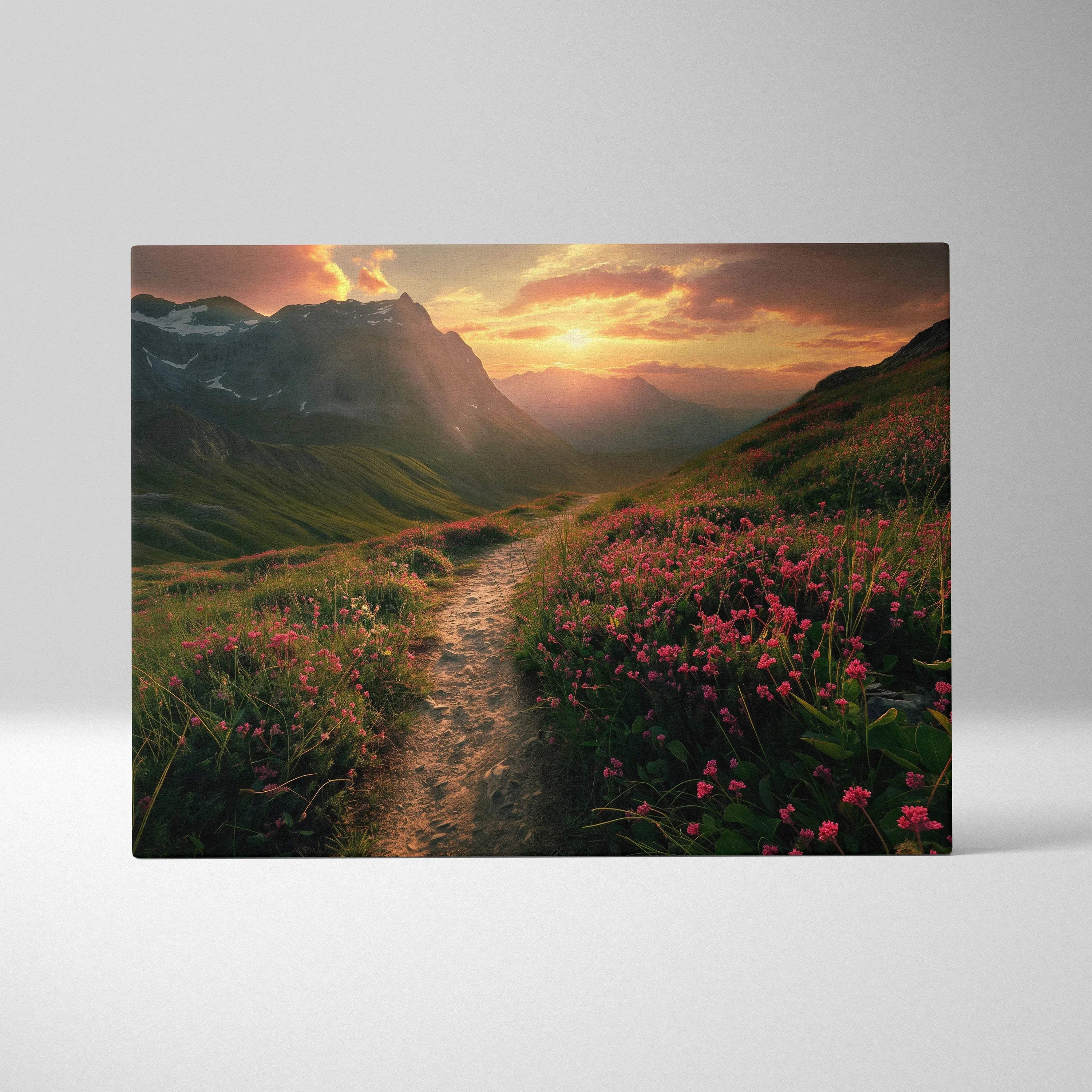 Mountain trail at sunset canvas print with pink wildflowers and glowing peaks