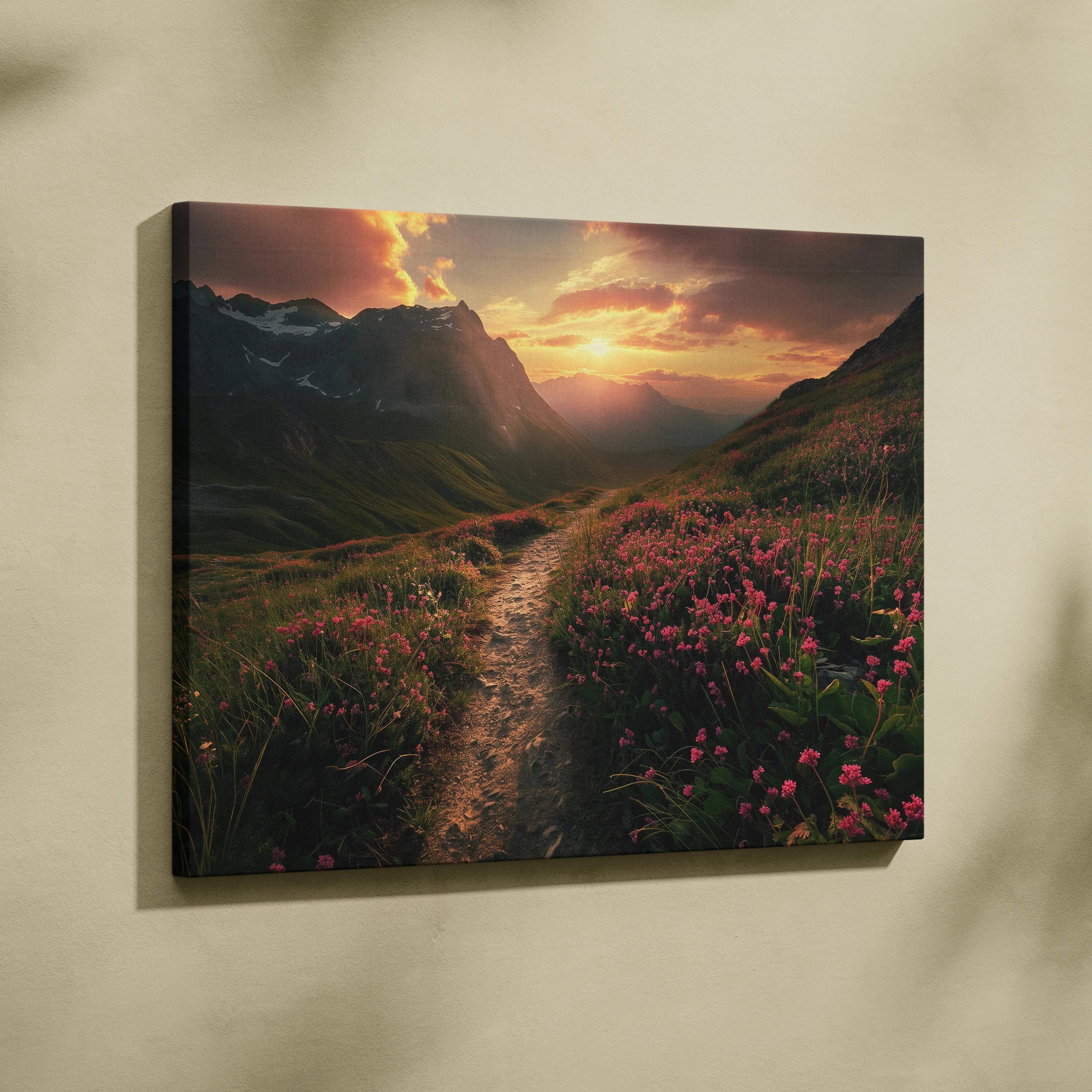 Mountain trail through pink wildflowers at sunset canvas wall art