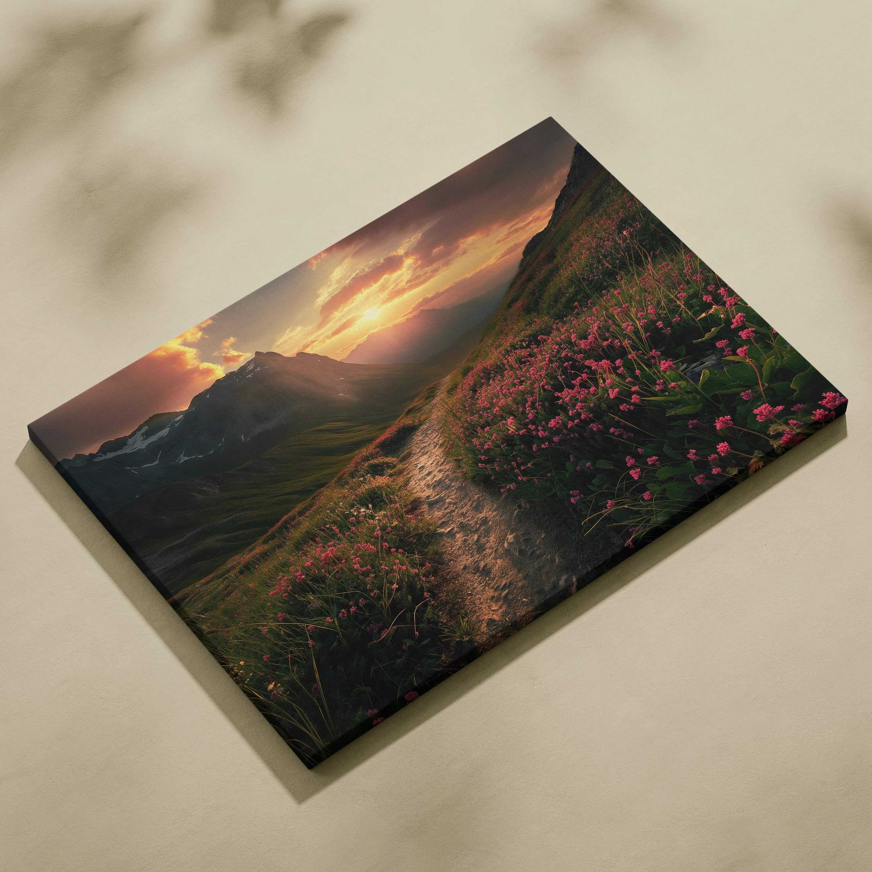 Mountain trail through pink wildflowers at sunset canvas wall art