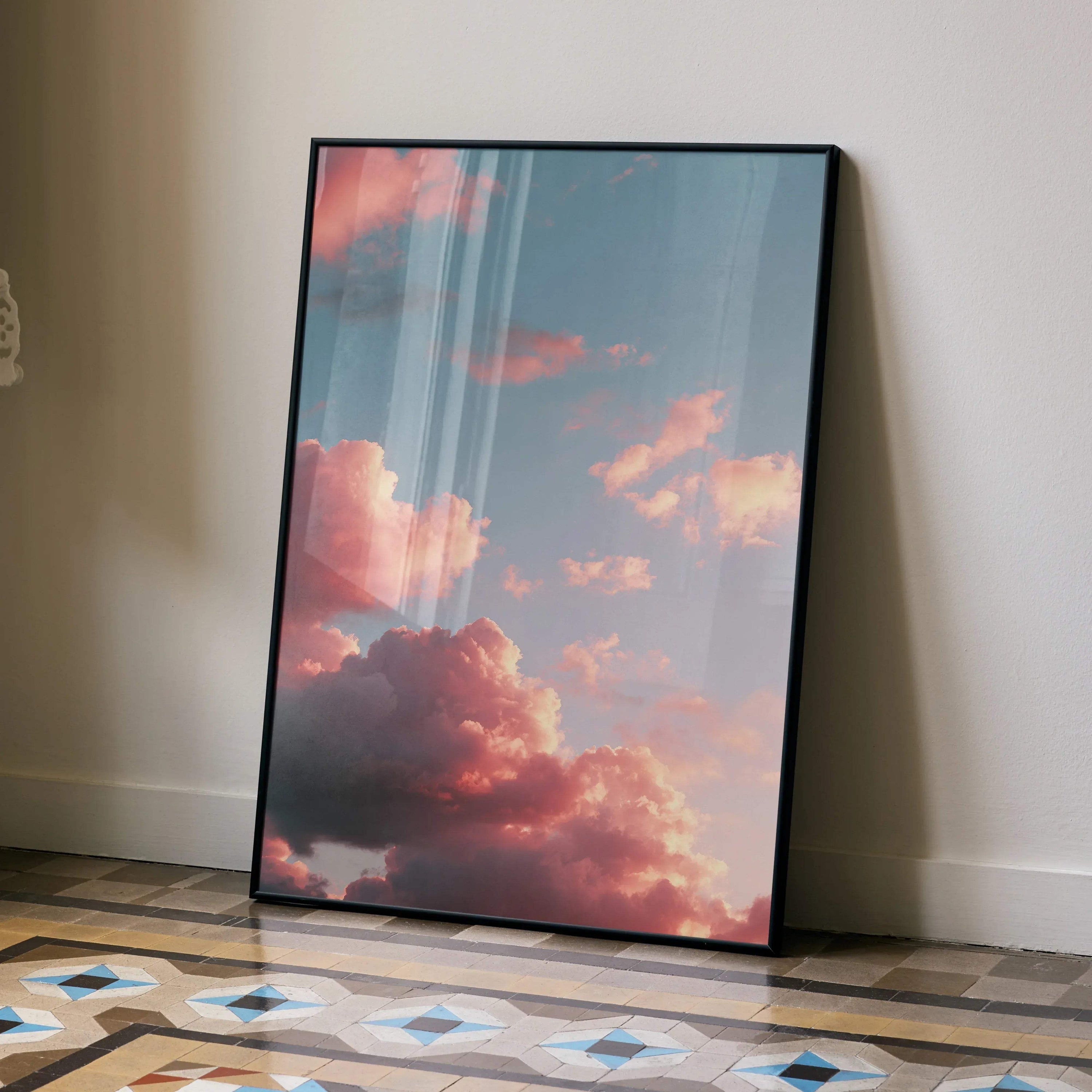 Vertical sunset sky poster wall art with pink clouds and soft blue tones.