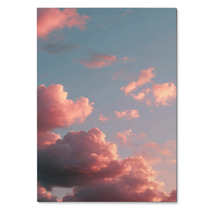 Vertical wall art poster featuring pink and orange clouds at sunset against a soft blue sky.