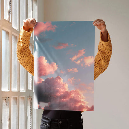 Vertical wall art poster featuring a vivid sunset sky with pink and purple clouds.