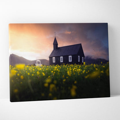 Black wooden church in yellow wildflowers at sunset moody blues canvas art