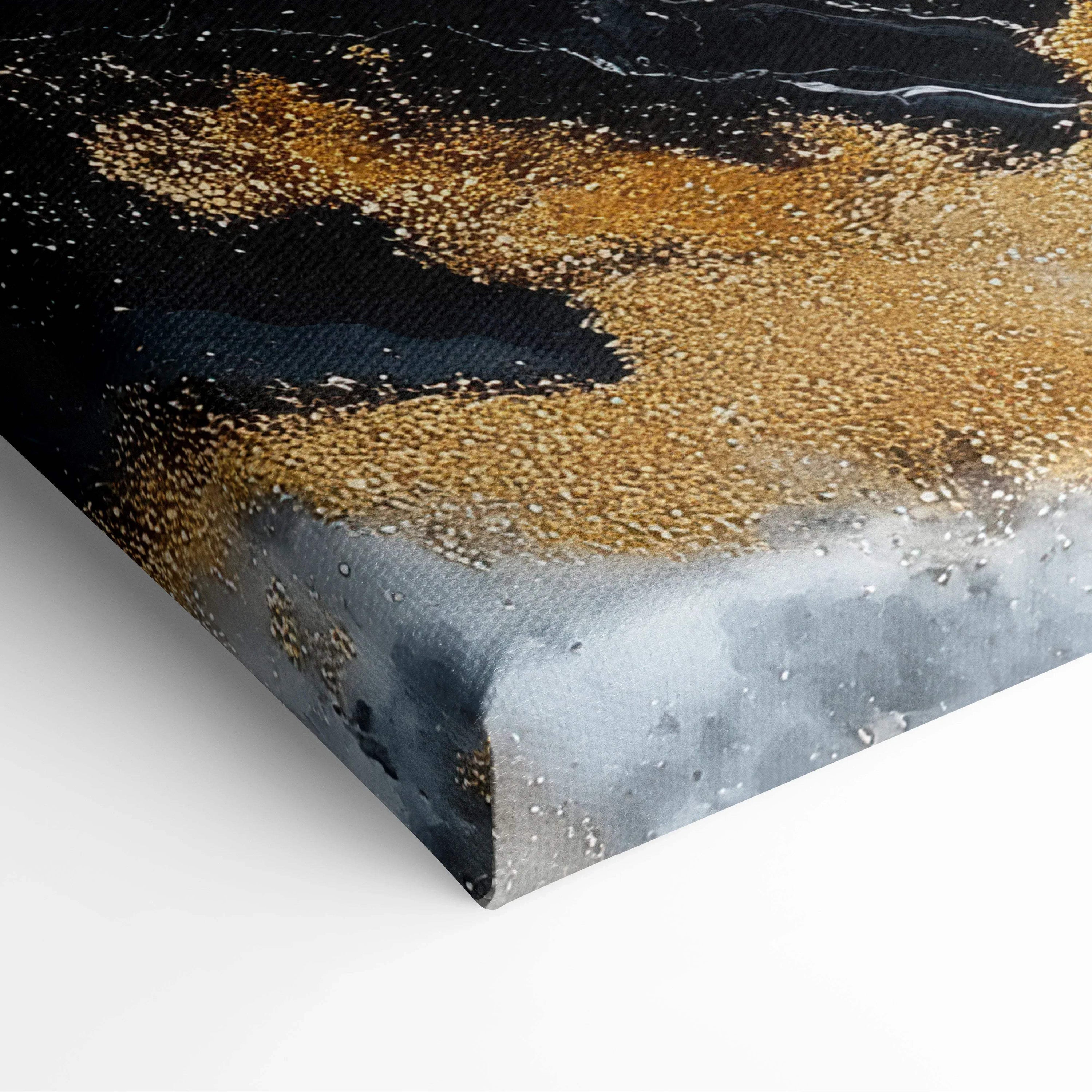 Abstract canvas wall art with gold, black, and gray textured digital patterns on stretched canvas.