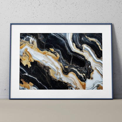 Abstract vibrant wall art poster featuring black, white, and gold marble-like swirls in a white frame.