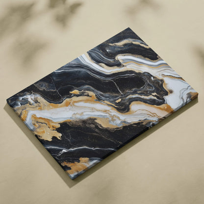 Abstract canvas wall art with swirling black, white, and gold patterns in a sleek horizontal design.