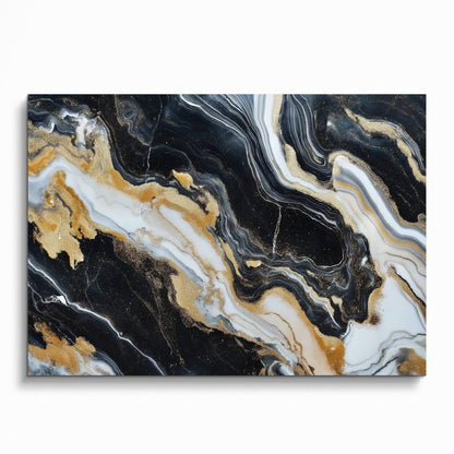 Abstract digital art poster with swirling black, white, and gold marble patterns, vibrant wall art.