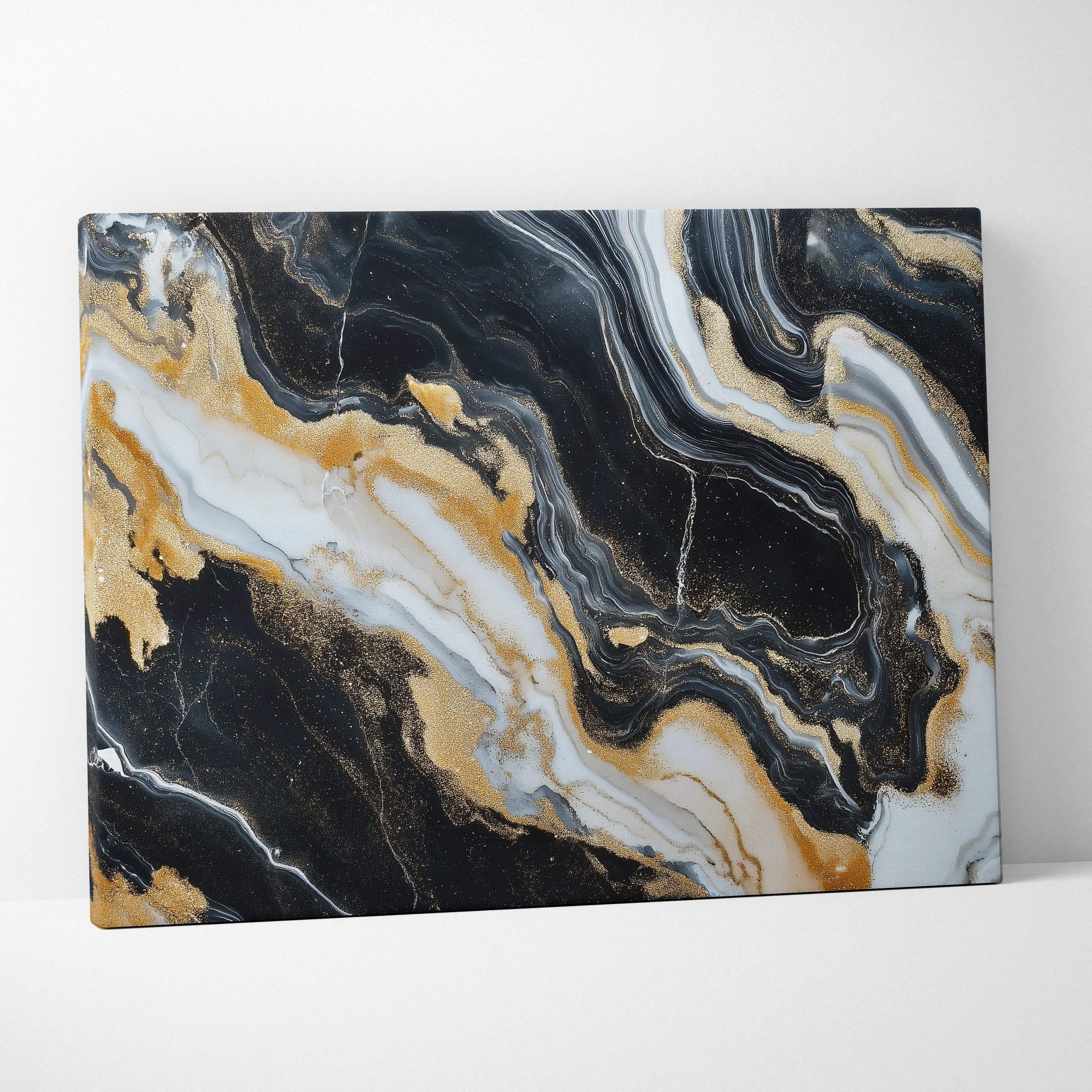 Luxurious abstract marble swirl canvas wall art with black white and gold swirling patterns for modern decor accent