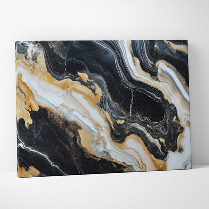 Abstract canvas wall art with swirling black, white, and gold marble patterns.