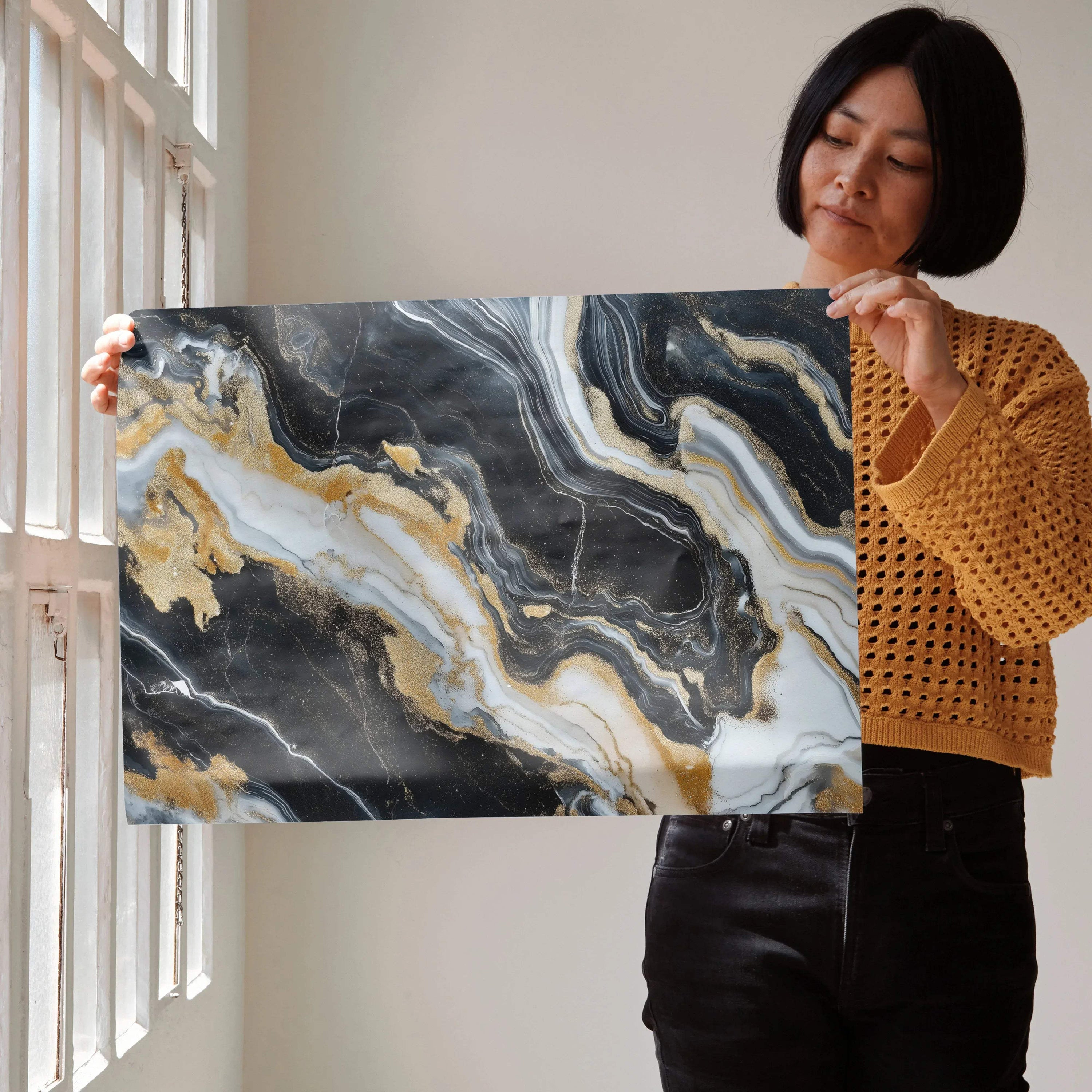Abstract digital art poster with swirling black, white, and gold marble patterns, vibrant wall art.
