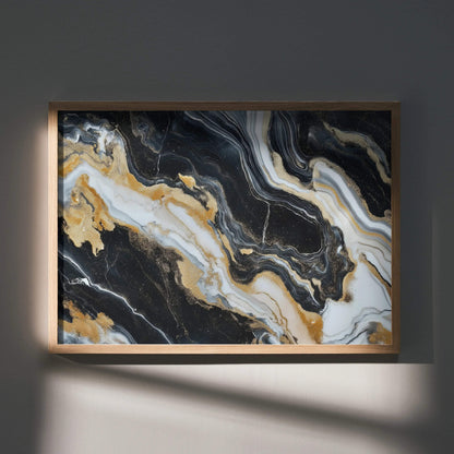 Abstract art wall poster with black, white, and gold swirling marble patterns in a wooden frame.