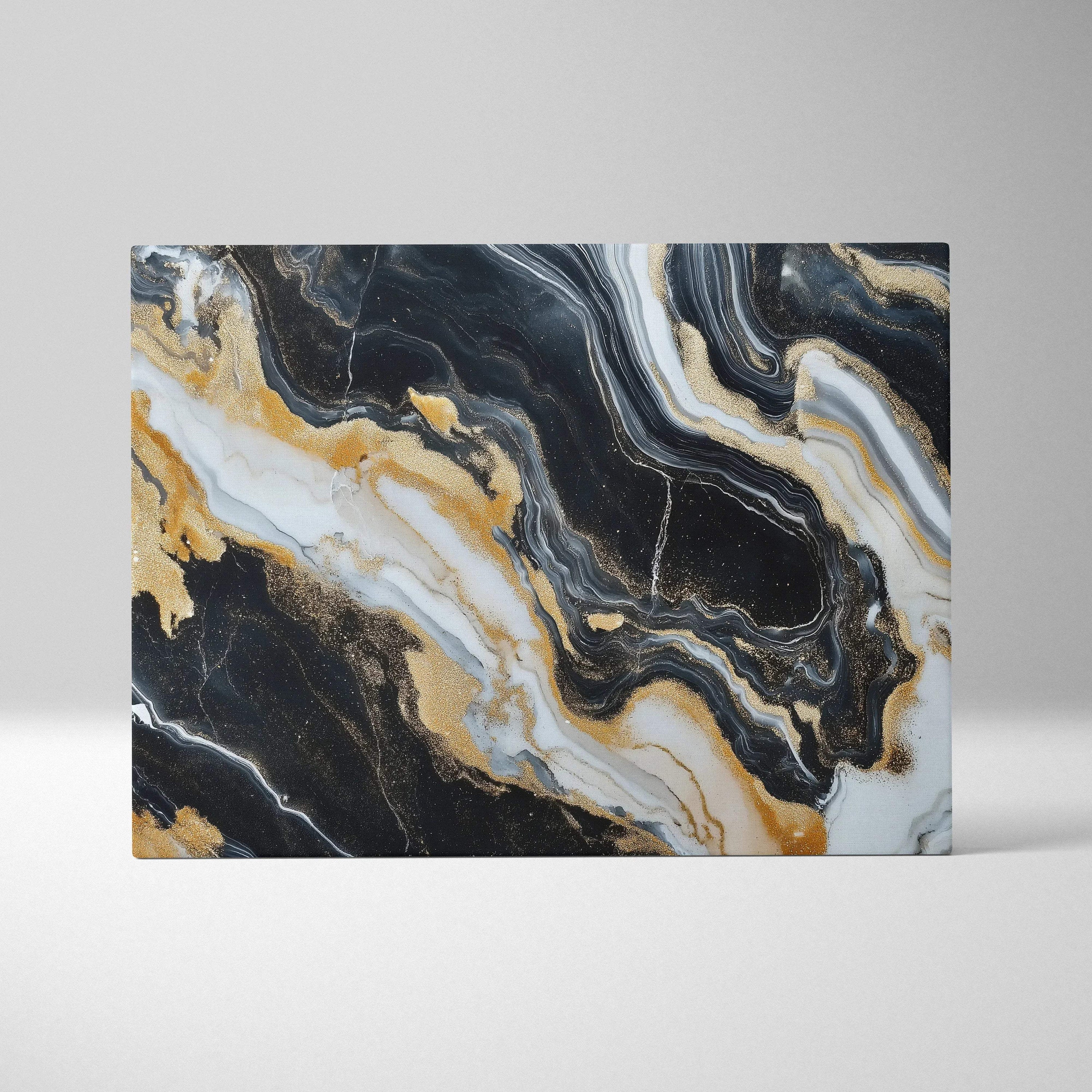 Abstract canvas wall art with swirling black, white, and gold marble design.