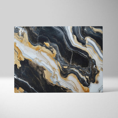 Abstract canvas wall art with swirling black, white, and gold marble design.