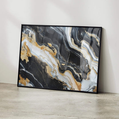 Abstract digital art poster with black, white, and gold marble-like swirls in black frame, modern wall art.