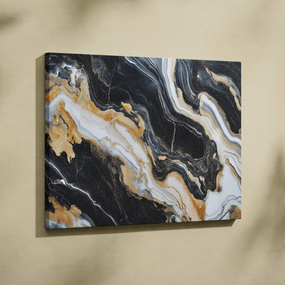 Abstract black, white, and gold marbled canvas wall art with fluid, wave-like patterns.