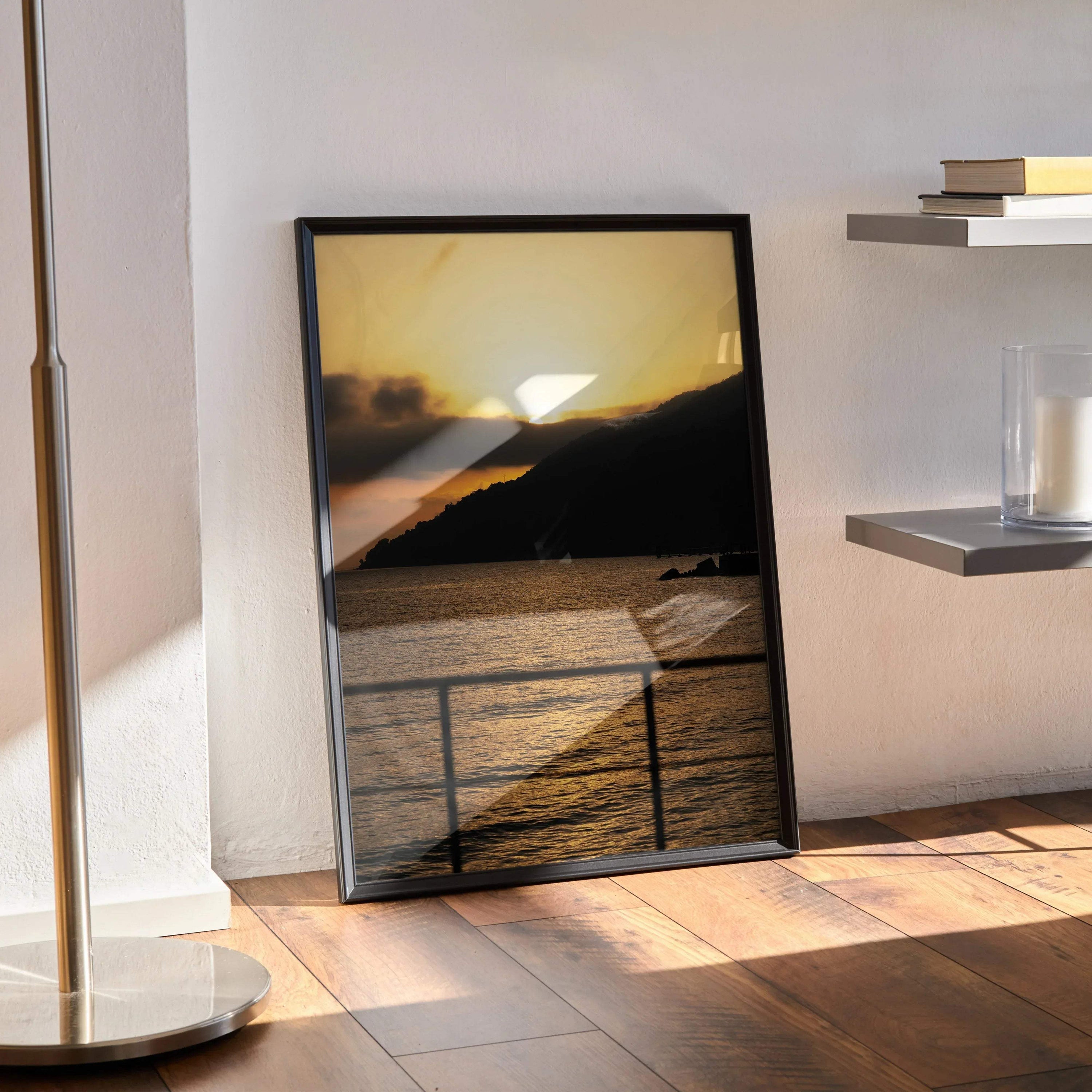 Vertical beach sunset poster with golden sky and dark silhouetted hills wall art.