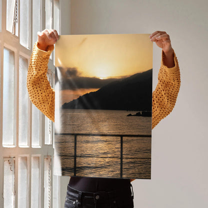 Beach sunset poster with golden sky and silhouetted mountain as wall art.