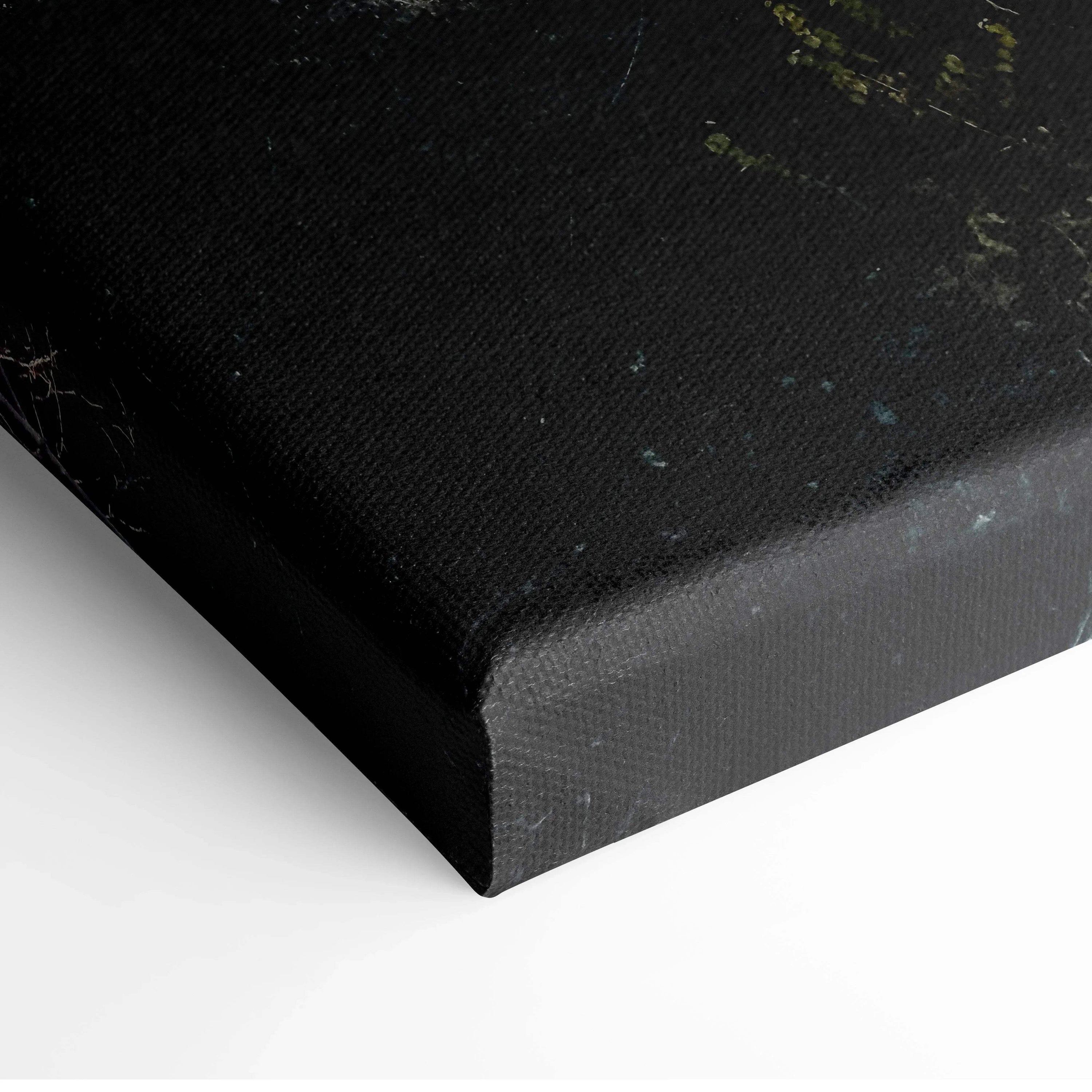 Close-up of black textured canvas corner for vibrant urban cityscape wall art.