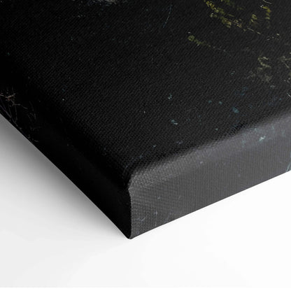 Close-up of black textured canvas corner for vibrant urban cityscape wall art.