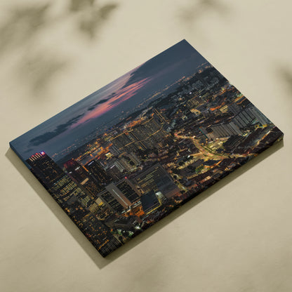 City skyline at dusk vibrant colors canvas wall art print with detailed urban lights.