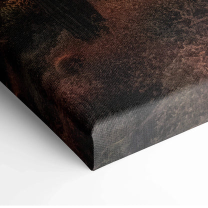 Close-up of dark textured canvas wall art corner with rich desert sunset tones.