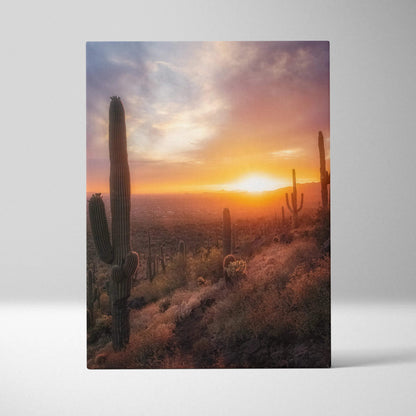 Canvas wall art featuring a vibrant desert sunset with tall cacti and warm orange sky.