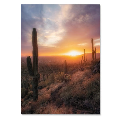 Desert sunset wall art poster with tall cacti and golden sky in soft warm tones.