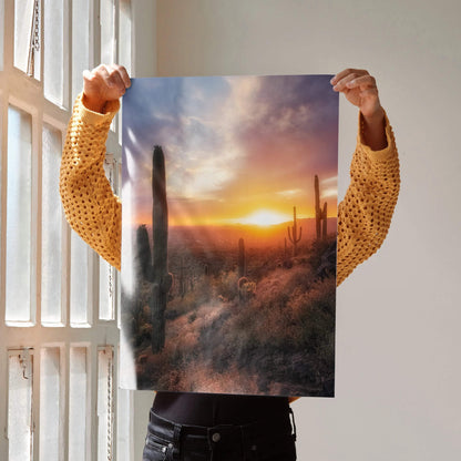 Vertical desert sunset poster featuring silhouetted cacti and warm glowing sky wall art.